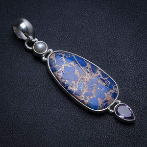 StarGems® Natural Copper Chalcedony,River Pearl and Amethyst Unique 925 Sterling Silver Pendant 2 1/4" T1573