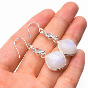 StarGems  Natural Rainbow Moonstone And White Topaz Handmade 925 Sterling Silver Earrings 1.75" D6583