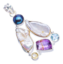 StarGems  Natural Biwa Pearl,Amethyst,Blue Topaz,Citrine and River Pearl 925Sterling Silver Pendant 2" S0289