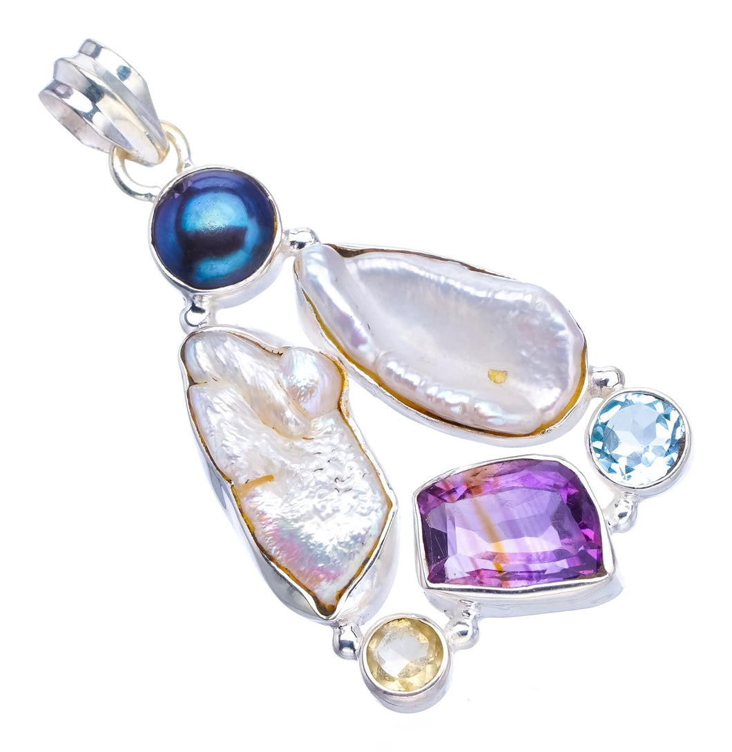 StarGems  Natural Biwa Pearl,Amethyst,Blue Topaz,Citrine and River Pearl 925Sterling Silver Pendant 2