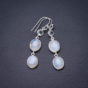 StarGems  Natural Rainbow Moonstone And Blue Topaz Handmade 925 Sterling Silver Earrings 2" D6506