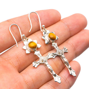 StarGems  Natural Tiger Eye Handmade Unique Cross Shape 925 Sterling Silver Earrings 2.25" X4074