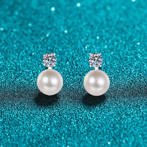 StarGems® 9mm AAAA Pearls 0.3cttw Moissanite 925 Silver Platinum Plated Stud Earrings EX073