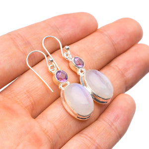 StarGems  Natural Rainbow Moonstone and Amethyst Handmade Unique 925 Sterling Silver Earrings 1.5" X4569