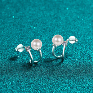 StarGems® 6mm AAAA Pearls&"U" Shape 0.06cttw Moissanite 925 Silver Platinum Plated Stud Earrings EX055