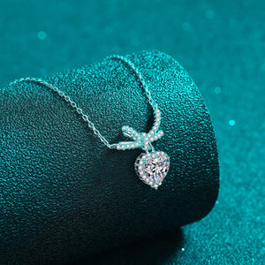 StarGems® Bowknot Heart-Shape 1ct Moissanite 925 Silver Platinum Plated Necklace 40+5cm NX101
