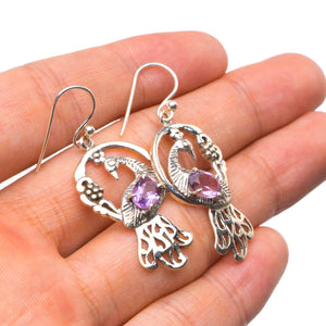 StarGems  Natural Amethyst Handmade Unique Peacock Shape 925 Sterling Silver Earrings 1.75" X4514