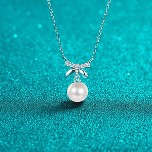 StarGems® 8mm River Pearl Bowknot 0.05cttw Moissanite 925 Silver Platinum Plated Necklace 40+5cm NX085