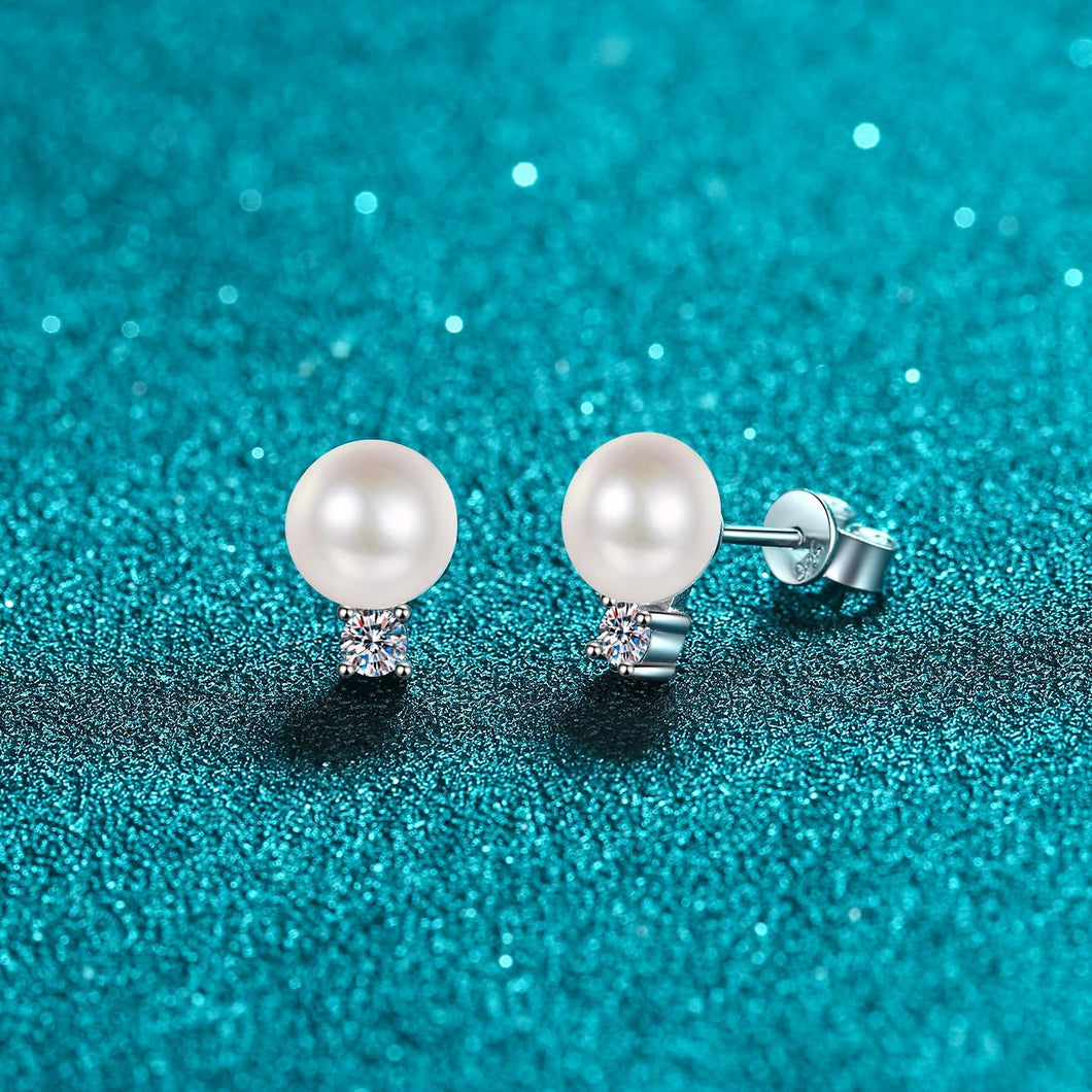 StarGems  9mm AAAA Pearls 0.3cttw Moissanite 925 Silver Platinum Plated Stud Earrings EX073