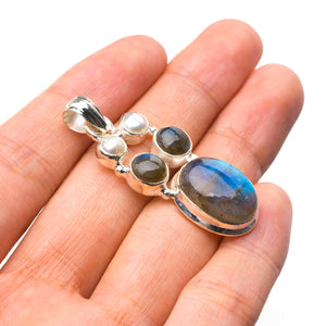 StarGems  Natural Blue Fire Labradorite And River Pearl Handmade 925 Sterling Silver Pendant 1.75" D9879