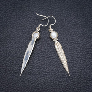 StarGems  Natural River Pearl Punk Style Feather Shape 925 Sterling Silver Earrings 2 1/2" S1359