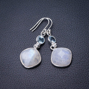 StarGems® Natural Rainbow Moonstone And Blue Topaz Handmade 925 Sterling Silver Earrings 1.75" D7701