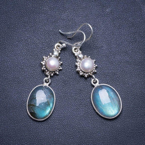 StarGems  Natural Labradorite and River Pearl Handmade Unique 925 Sterling Silver Earrings 2.25" X4285