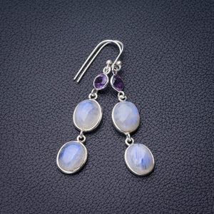 StarGems  Natural Rainbow Moonstone And Amethyst Handmade 925 Sterling Silver Earrings 2" D7254