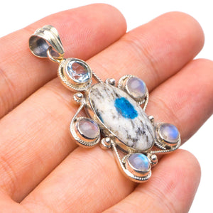 StarGems  Natural K2 Azurite and Rainbow Moonstone Handmade Unique 925 Sterling Silver Pendant 1.75" X0012