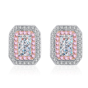 StarGems® Multi Layer pink Radiant Cut 0.5ct×2 Moissanite 925 Silver Platinum Plated Stud Earrings EX022
