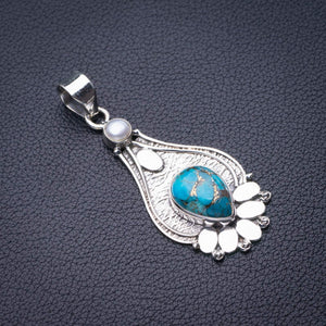 StarGems  Natural Copper Turquoise And River Pearl Handmade 925 Sterling Silver Pendant 2" D6173