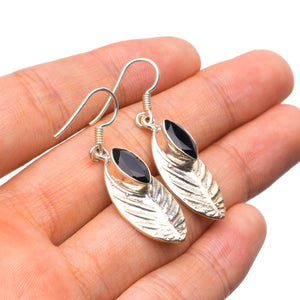 StarGems  Natural Black Onyx Handmade Unique Leaf Shape 925 Sterling Silver Earrings 1.5" X4404