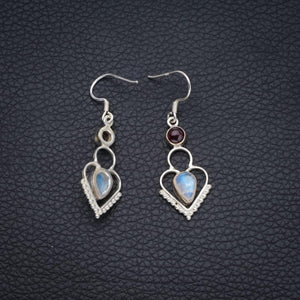 StarGems  Natural Rainbow Moonstone and Amethyst Handmade Unique Heart Shape 925 Sterling Silver Earrings 1 1/2" S1568