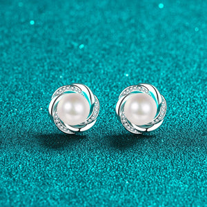 StarGems® 8mm AAAA Pearls&Plum Blossom 0.168cttw Moissanite 925 Silver Platinum Plated Stud Earrings EX062