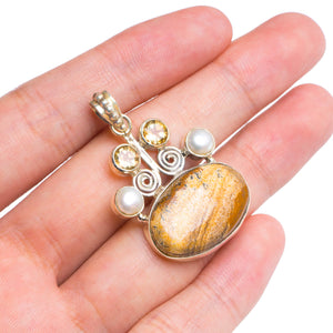 StarGems® Natural Picture Jasper,River Pearl and Citrine Handmade Unique 925 Sterling Silver Pendant 1.5" B3052