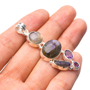 StarGems  Natural Blue Fire Labradorite And Amethyst Handmade 925 Sterling Silver Pendant 2" D9872