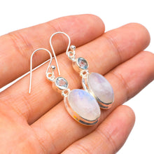 StarGems  Natural Rainbow Moonstone and Blue Topaz Handmade Unique 925 Sterling Silver Earrings 1.5" X4793