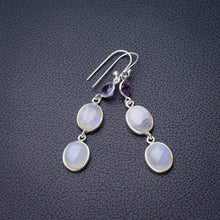 StarGems  Natural Rainbow Moonstone And Amethyst Handmade 925 Sterling Silver Earrings 2" D7380