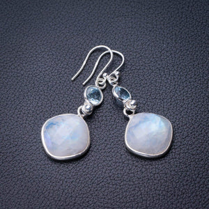 StarGems® Natural Rainbow Moonstone And Blue Topaz Handmade 925 Sterling Silver Earrings 1.75" D7703