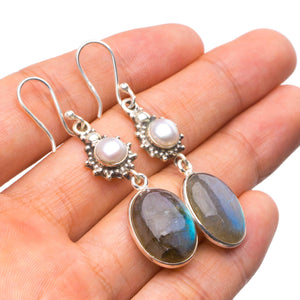 StarGems  Natural Labradorite and River Pearl Handmade Unique 925 Sterling Silver Earrings 2.25" X4285