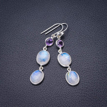 StarGems  Natural Rainbow Moonstone And Amethyst Handmade 925 Sterling Silver Earrings 2" D6521