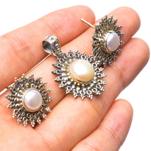 StarGems  Natural River Pearl Vintage 925 Sterling Silver Jewelry Set, Earrings Stud:3/4" Pendant:1 1/4" T8910