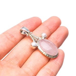 StarGems® Natural Rose Quartz and River Pearl Handmade Boho 925 Sterling Silver Pendant 1 3/4" T1234