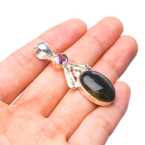 StarGems® Natural Labradorite and Amethyst Handmade Mexican 925 Sterling Silver Pendant 2" T0046