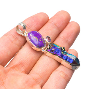 StarGems® Natural Rainbow Dichroic Glass,Copper Turquoise and Amethyst Boho 925 Sterling Silver Pendant 2 1/4" T0054