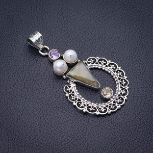 StarGems  Natural Blue Fire Labradorite,River Pearl,Amethyst And Citrine Handmade 925 Sterling Silver Pendant 2.25" D2271