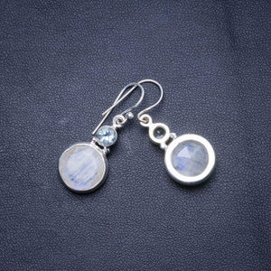 StarGems  Natural Rainbow Moonstone and Blue Topaz Handmade Unique 925 Sterling Silver Earrings 1.25" X4626