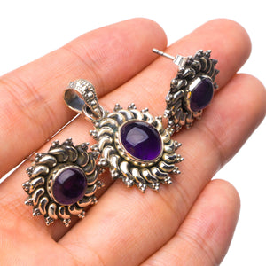 StarGems  Natural Amethyst Handmade Unique 925 Sterling Silver Jewelry Set, Earrings Stud:3/4" Pendant:1 1/4" T8893