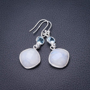 StarGems  Natural Rainbow Moonstone And White Topaz Handmade 925 Sterling Silver Earrings 1.75" D6583