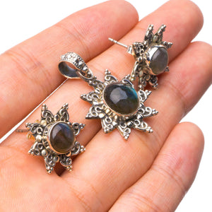 StarGems® Natural Labradorite Boho 925 Sterling Silver Jewelry Set, Earrings Stud:1/2" Pendant:1 1/4" T8879