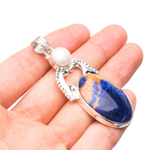 StarGems® Natural Navy Sodalite and River Pearl Handmade 925 Sterling Silver Pendant 2 1/4" T0577