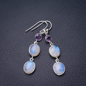 StarGems  Natural Rainbow Moonstone And Amethyst Handmade 925 Sterling Silver Earrings 2" D7256