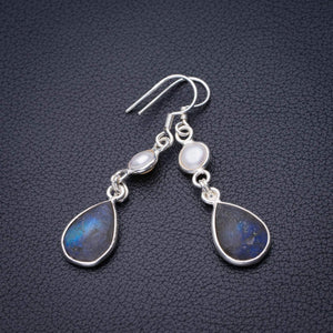 StarGems  Natural Blue Fire Labradorite And River Pearl Handmade 925 Sterling Silver Earrings 1.75" D6586