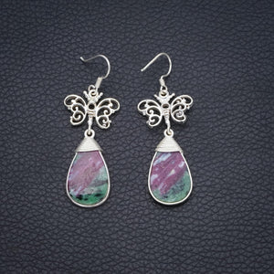 StarGems  Natural Ruby Zoisite Butterfly Handmade Vintage 925 Sterling Silver Earrings 2 1/4" S1815