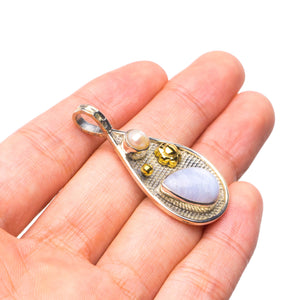 StarGems® Natural Two Tones Blue Lace Agate and River Pearl Vintage Flower Shape 925Sterling Silver Pendant 1 3/4" T1580