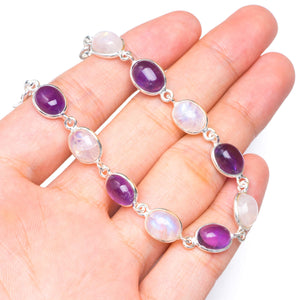 StarGems  Natural Rainbow Moonstone and Amethyst Handmade Unique 925 Sterling Silver Bracelet 7-8" B4358