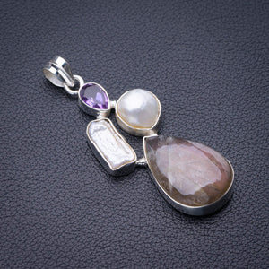 StarGems  Natural Blue Fire Labradorite,Biwa Pearl And Amethyst Handmade 925 Sterling Silver Pendant 2.25" D9889