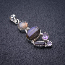 StarGems  Natural Blue Fire Labradorite And Amethyst Handmade 925 Sterling Silver Pendant 2" D9872