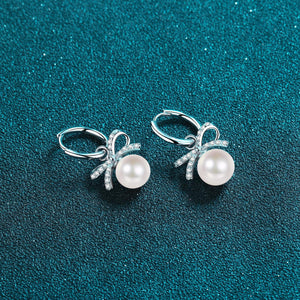 StarGems® 9mm Pearl Bow 0.3cttw Moissanite 925 Silver Platinum Plated Cuff Dangle Earrings EX104