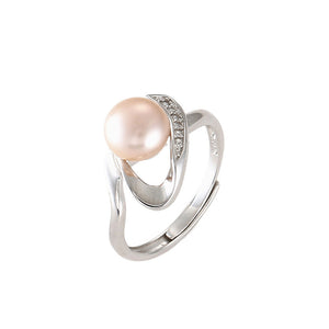 hesy® Simplism Inlaid Zircon Pearl Adjustable Handmade 925 Sterling Silver Ring C2487